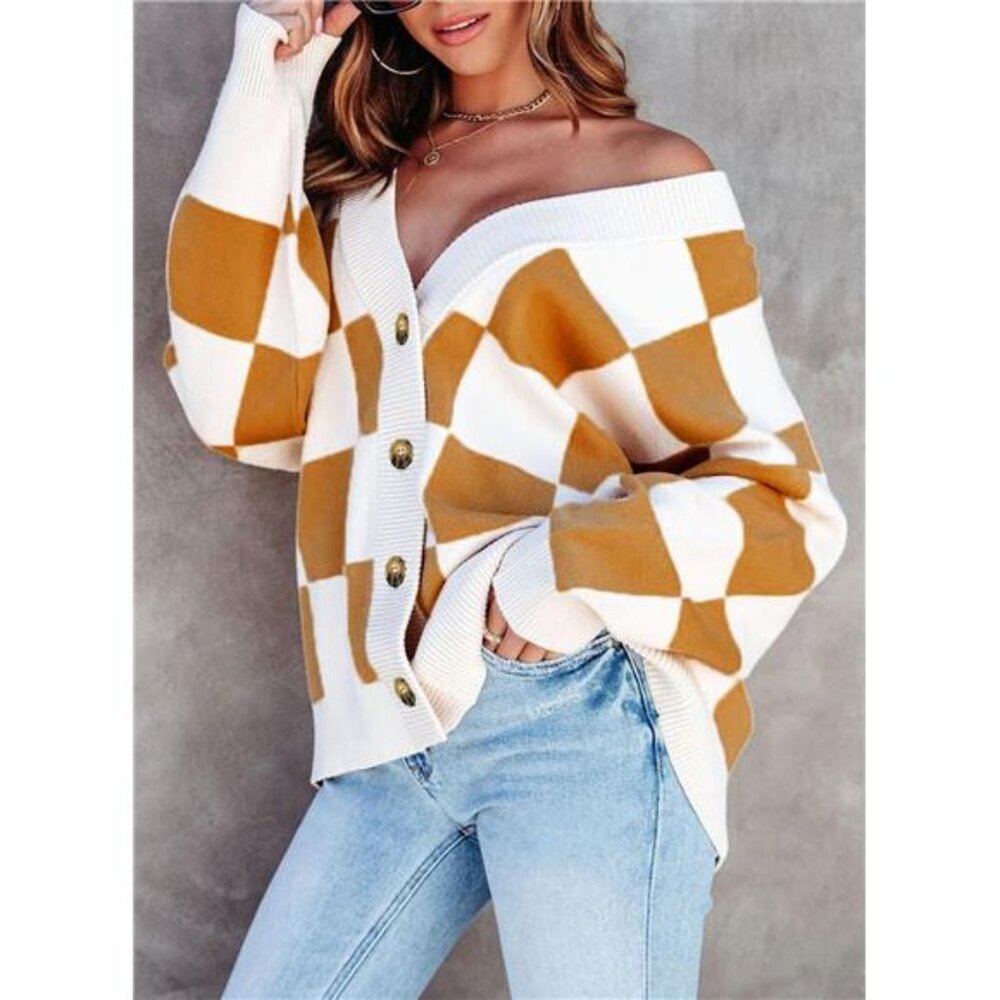NEW Womens Plaid V Neck Button Down Long Sleeve Cable Knit Oversized Cardigan - Picture 6 of 6